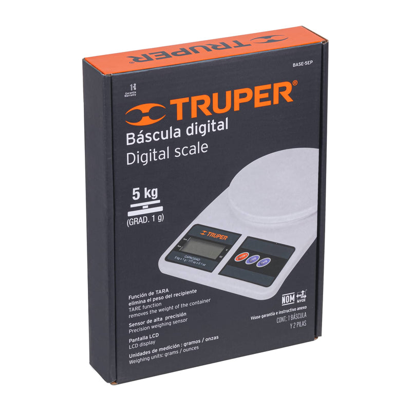 Báscula digital para cocina, capacidad 5 kg.