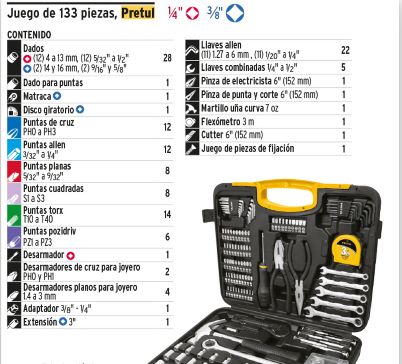 Juego autocle herramientas 133 pz PRETUL 24223