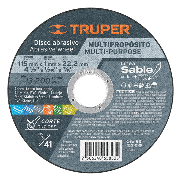 Disco Tipo 41 para corte multipropósito Línea Sable 4-1/2'