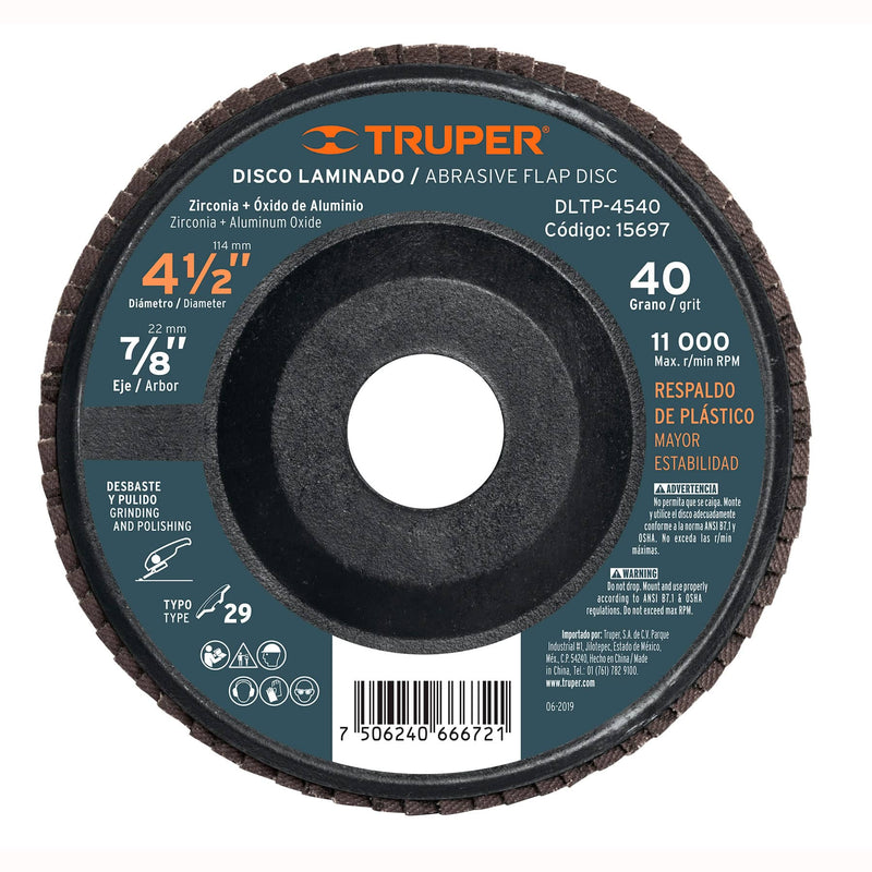 DISCO LAMINADO 4-1/2'' X 7/8'' GRANO 40 RESP. P TRUPER 15697
