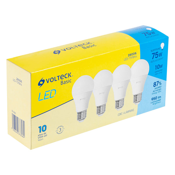 Pack de 4 lámparas de LED, A19, 10 W, luz de día, Basic