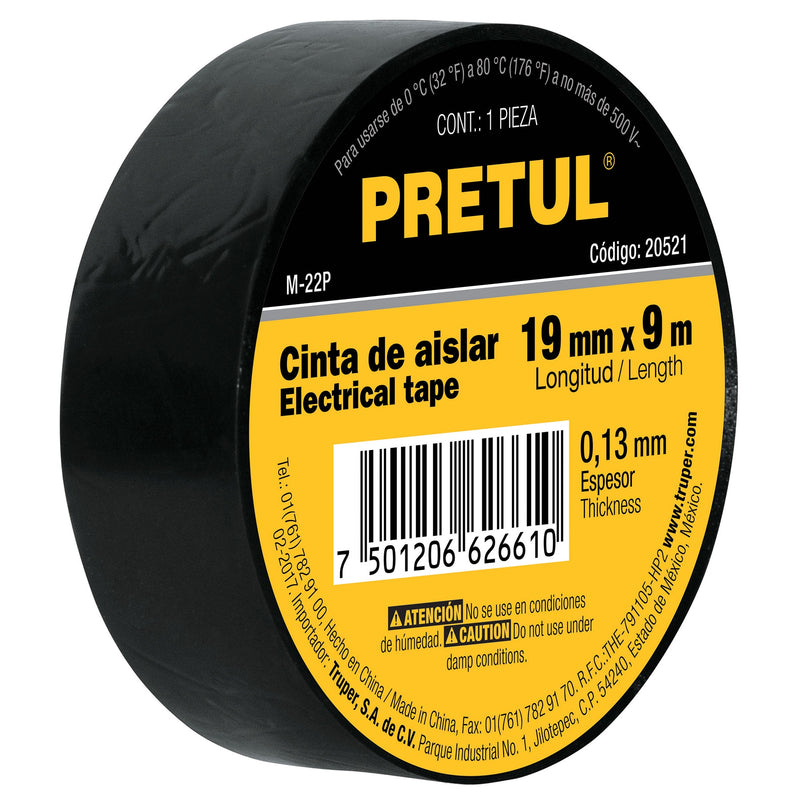 CINTA AISLAR 19 MM X 9 MT NEGRO PRETUL 20521