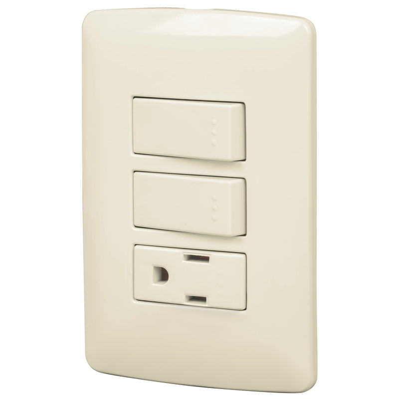 PLACA CON 1 CONTACTO Y 2 INTERRUPTORES SENCILL VOLTECH 48667