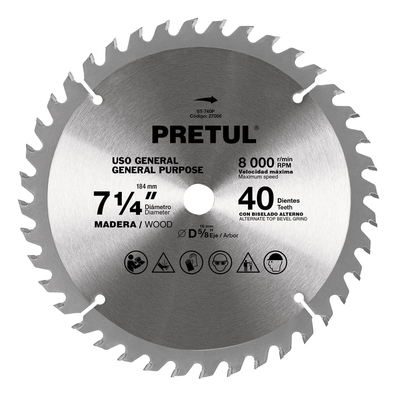 Disco sierras p/madera7-1/4", 40 dientes, centro 5/8",' PRETUL 27056