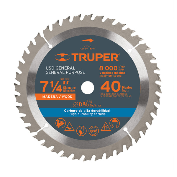 SIERRA CIRCULAR MADERA 40 D. 7-1/4' X 5/8' TRUPER 18301